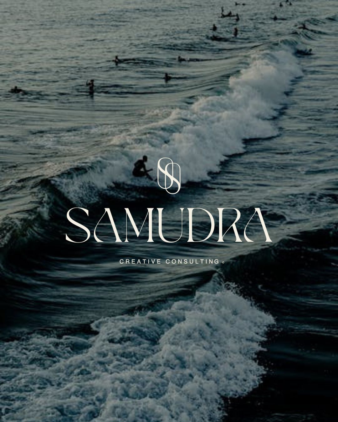 Brand redesign for a creative consultant. Surfers in the background with Samudra creative consultant as the logo overlaying the image.